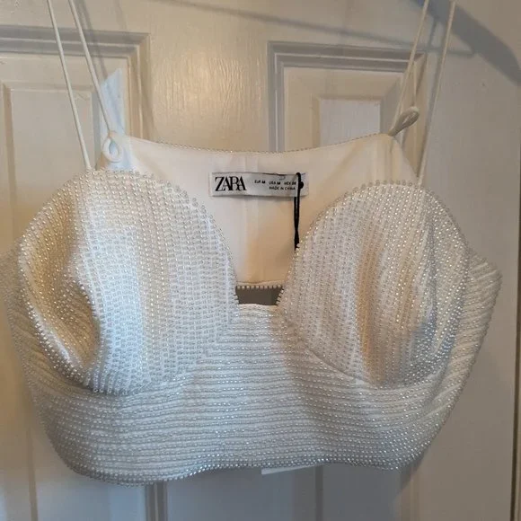 Zara Oyster White Beaded Crop Top NWT - Picture 3 of 5